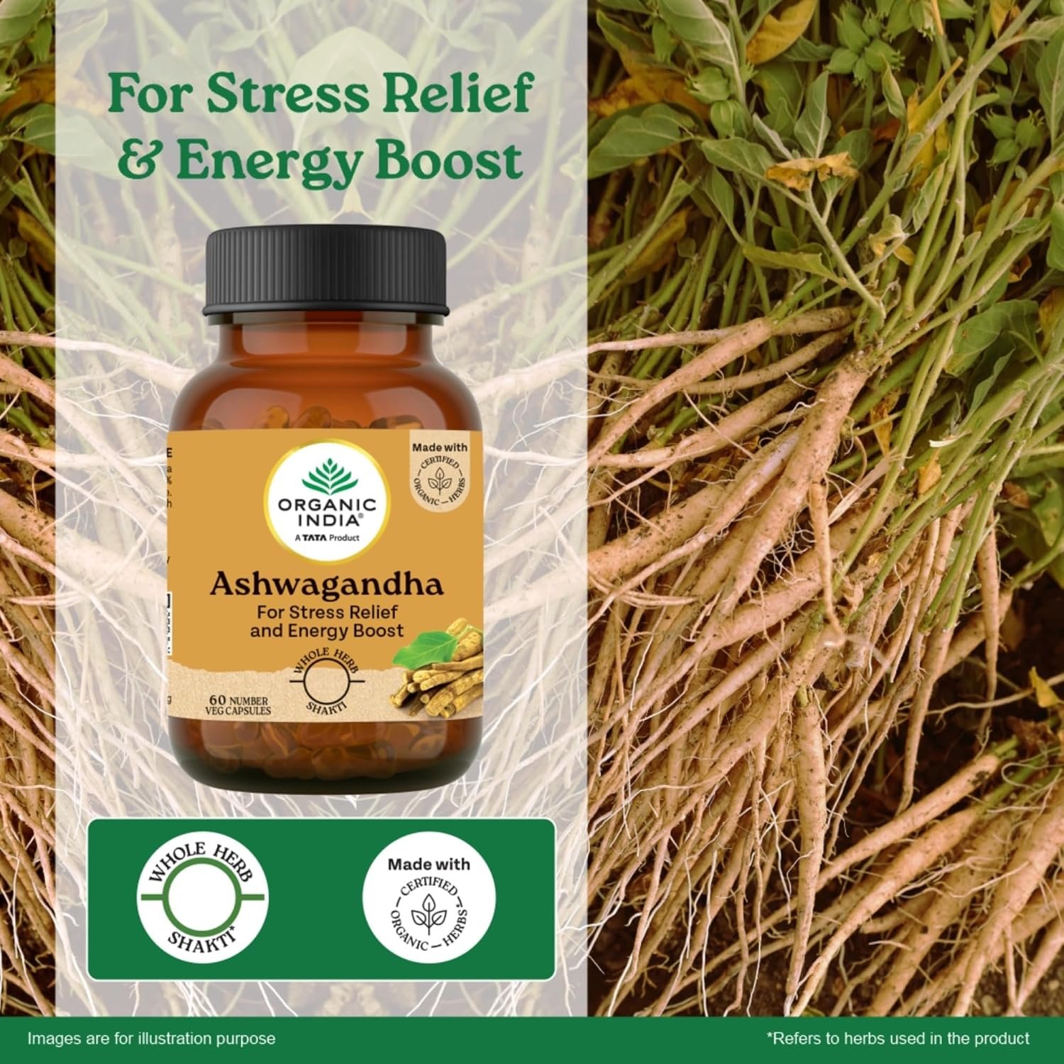 A TATA Product - Organic India Pure Ashwagandha Root Capsules - 60 Veg Caps (400mg), thumbnail