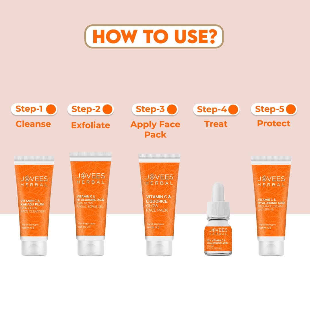 JOVEES SPF 45 All Herbal Vitamin C & Hyaluronic Acid Glow & Radiance Mini Facial Kit For Brighter & Glowing Skin | Kit For Improves Uneven Skin Tone, Fines Lines & Dullness 53g (Multiple use thumbnail