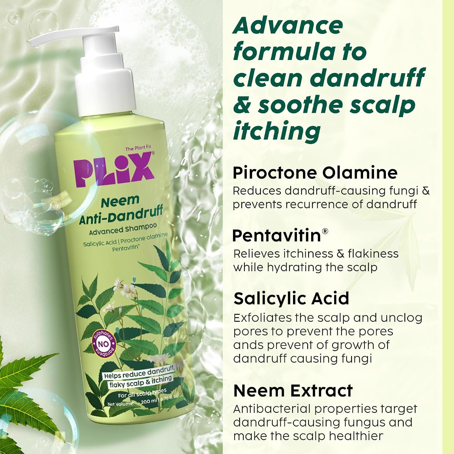 The Plant Fix Plix Neem Anti-Dandruff Advanced Shampoo | Piractone Olamine & Pentavitin Paraben & Sulphate Free | For Men & Women | 200ml thumbnail