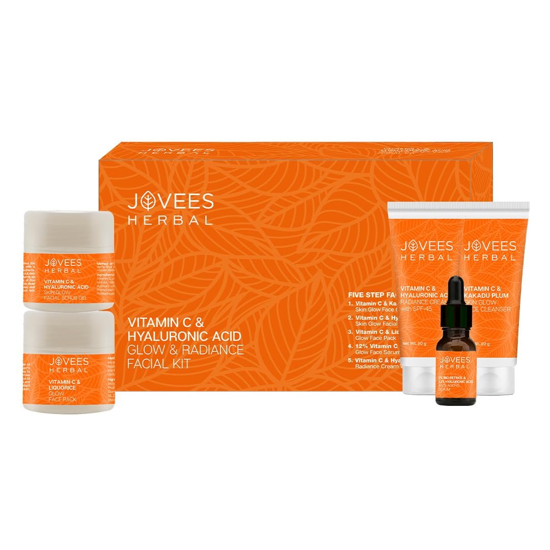 Jovees Herbal Vitamin C & Hyaluronic Acid Glow Facial Kit For Brighter & Radiant Skin | Kit For Improves Uneven Skin Tone, Fines Lines & Dullness 215g (Multiple use)