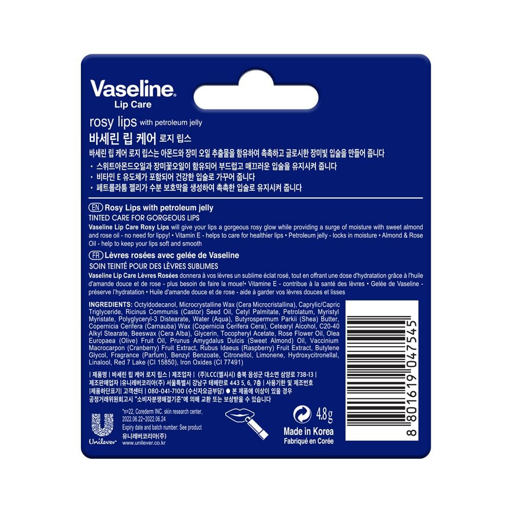 Vaseline Lip Care | Rosy Lips Tinted Lip Balm Stick | up to 48Hr moisturization | with almond oil & rose extract | made in South Korea | 4.8g thumbnail