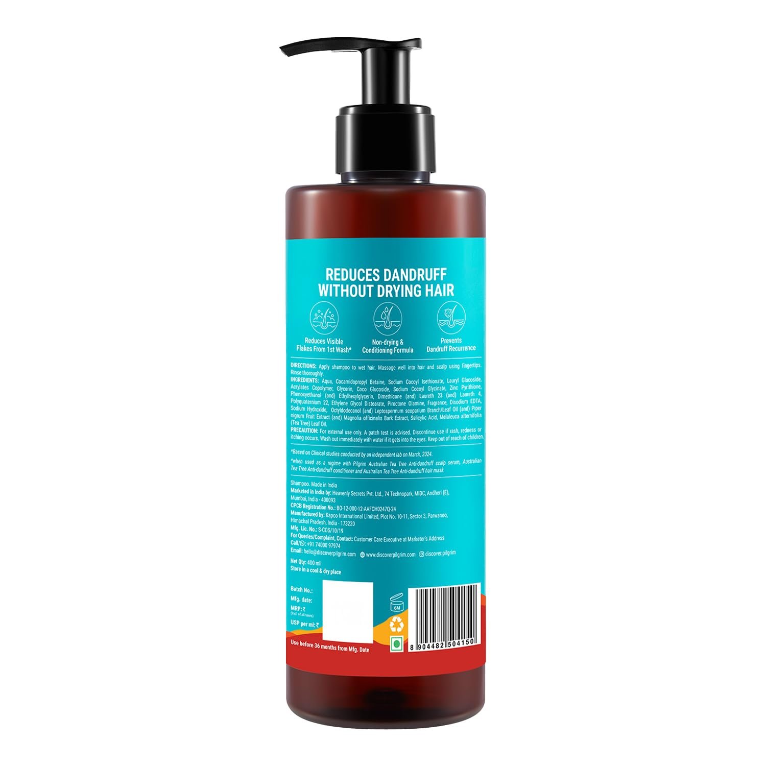 Pilgrim Australian Tea Tree Non-Drying Anti-Dandruff Shampoo - 400ml Salicylic Acid, Reduces Visible Flakes from 1st Wash, Prevent Dandruff Reccurence, Non-Drying Scalp Cleanse, All Hair Typ thumbnail