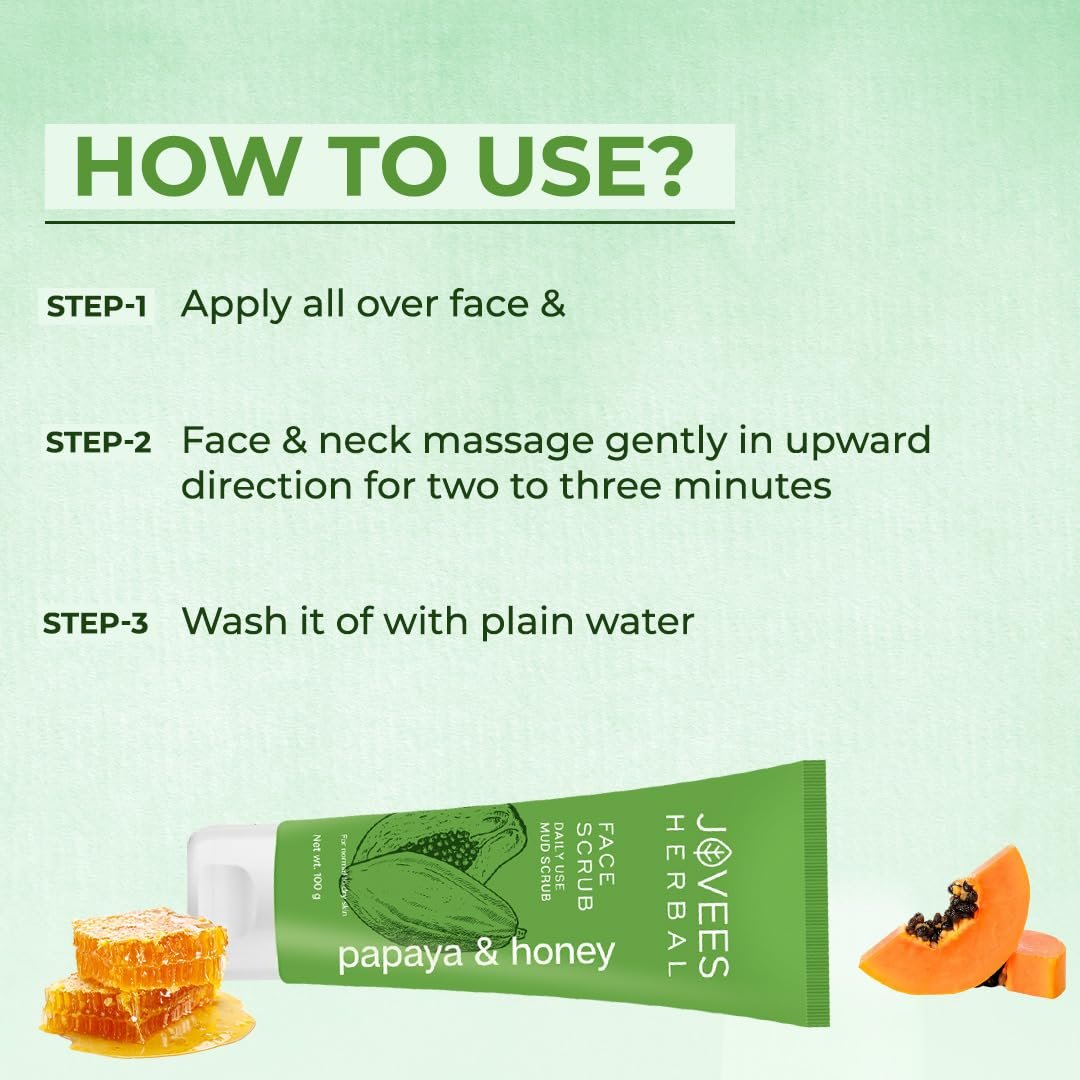 Jovees Herbal Papaya & honey Face Scrub | With Honey,Neem & Chamomile Extract | For Normal to Dry Skin | Gently Remove Dead Skin | Improves Uneven Skin Tone | Paraben And Alcohol Free | 100g thumbnail
