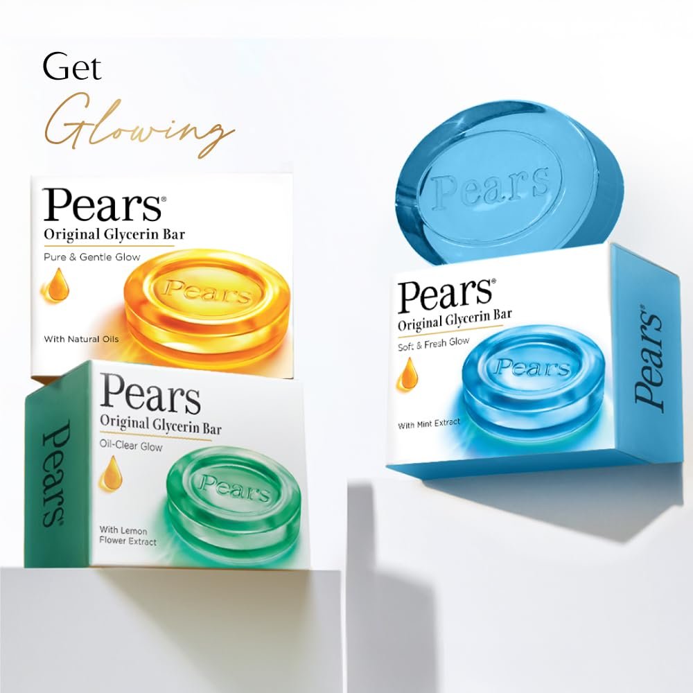 Pears Original Glycerin Soap Bar - Soft & Fresh Glow | With 98% Pure Glycerin & Mint Extract | For a Fresh Glow | With Plant Based Cleanser for Skin & Body | Paraben-free | 125gms x 4 thumbnail