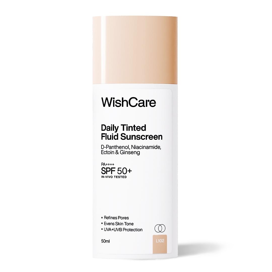 WishCare Daily Fluid Tinted Sunscreen SPF50 PA++++| L102 | Broad Spectrum Protection  | In-Vivo Tested Tinted Sun Screen | D-Panthenol, Niacinamide, Ectoin & Ginseng | Evens & Protects-50ml thumbnail