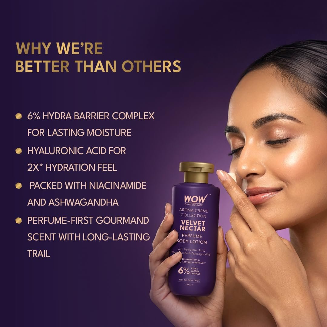 WOW Skin Science Velvet Nectar Perfume Body Lotion | 6% Hydra Barrier Complex | Hyaluronic Acid, Niacinamide & Ashwagandha 200ml thumbnail