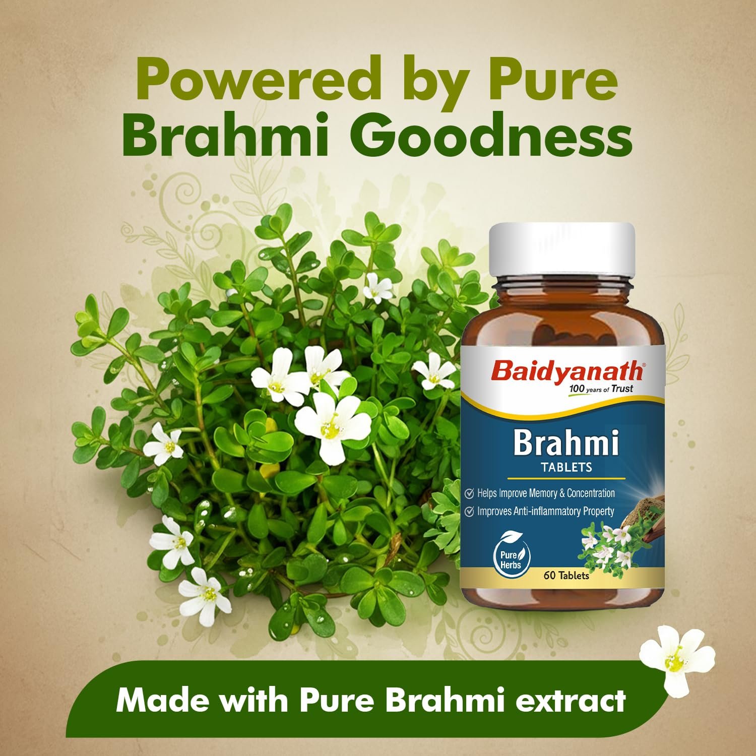 Baidyanath Ayurved Brahmi Tablets - 60 Tab | Helps To Handle Life’s Daily Stress | Promotes Mind Relaxation| (Pack of 1) thumbnail