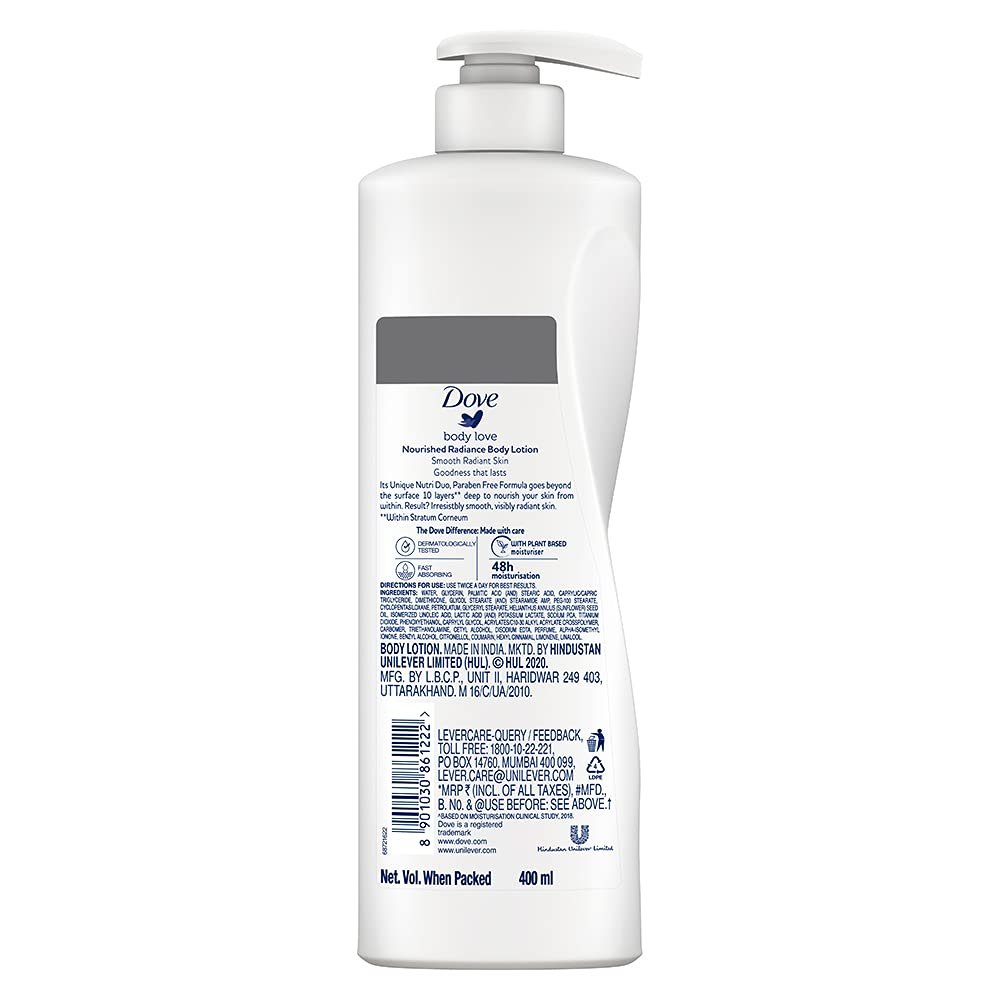 Dove Body Love Nourished Radiance Body Lotion For Very Dry Skin 48hrs Moisturisation Paraben Free with Plant Based moisturiser Soft Radiant Skin 400ml thumbnail