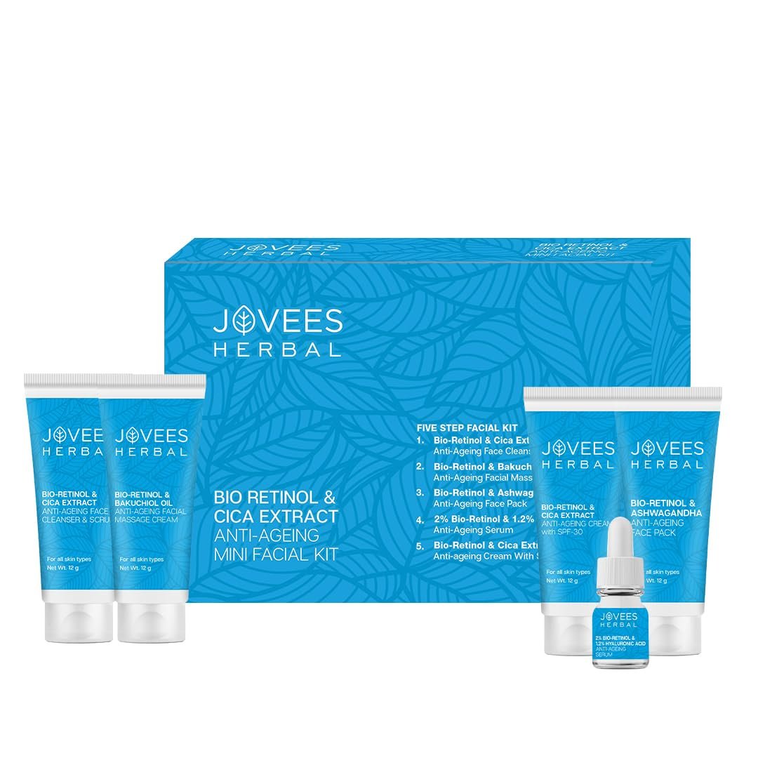 Jovees Herbal Bio-Retinol & Cica Ext. Facial Kit For Anti- Ageing | nti Ageing Mini Facial Kit For Ageing, Wrinkles, Fine Lines & Dark Spots With Bakuchiol Oil with 5 Easy Steps | Mini