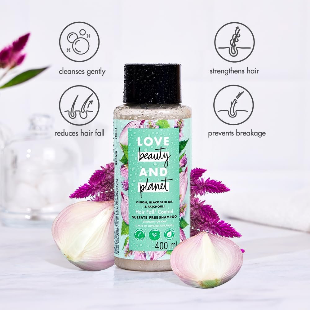 Love Beauty & Planet Onion, Black Seed & Patchouli Hairfall Control Shampoo | Natural Hair Cleanser for Stronger, Healthier-Looking Hair | Sulfate-Free & Paraben-Free Formula | 400ml|400ml thumbnail
