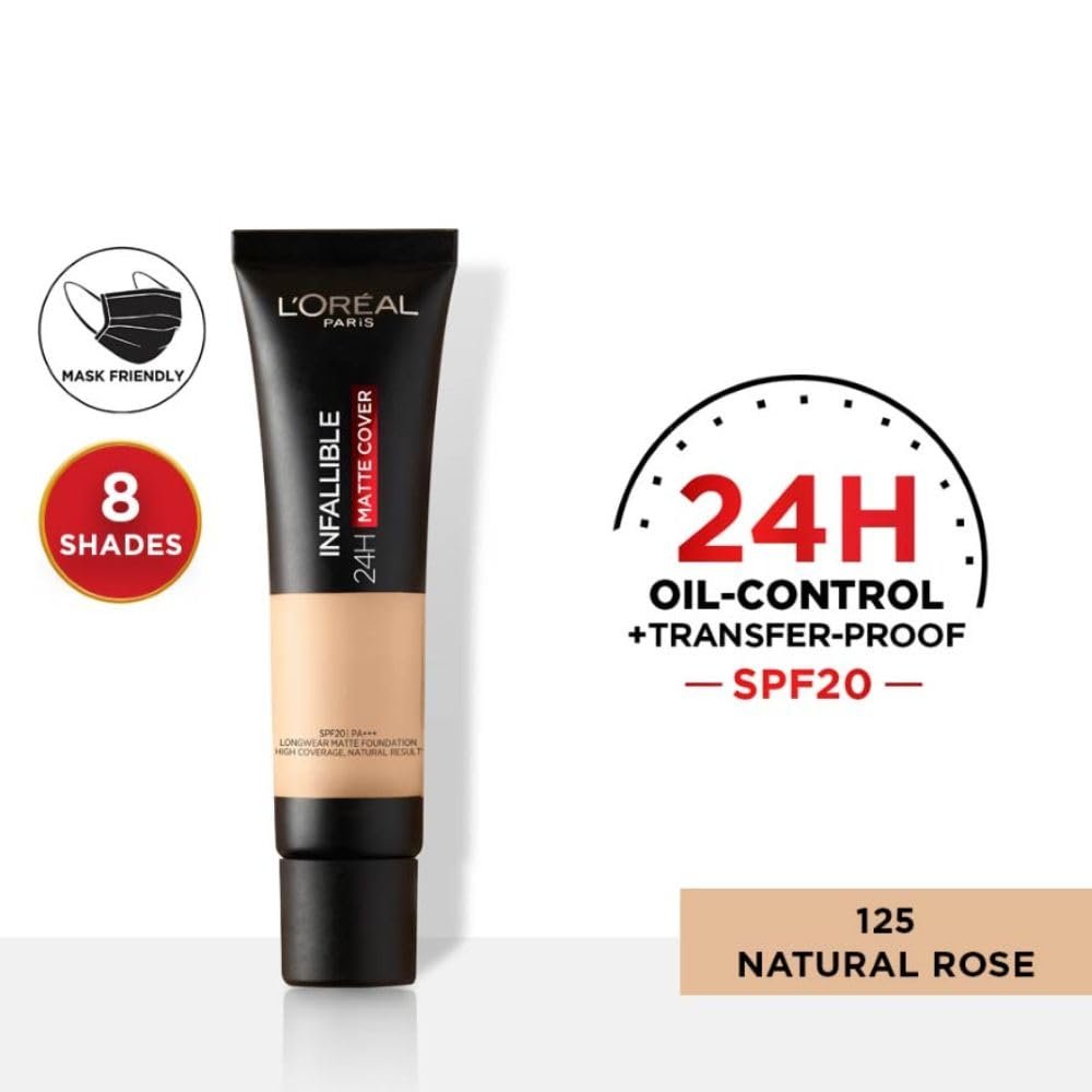 L'OREAL PARIS Liquid Foundation, Waterproof, Sweatproof And Heatproof, Oil-Control, Infallible 32H Matte Cover, 125 WARM UNDERTONE, 30 Ml thumbnail