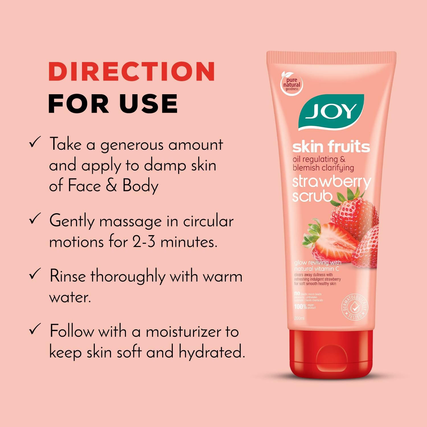 Joy Strawberry Face & Body Scrub for Blackhead Removal & Oil Control - 200gm | Exfoliating Scrub with Vitamin C, Controls Excess Oil & Removes Blemishes | 100% Vegan & Gentle on Skin thumbnail