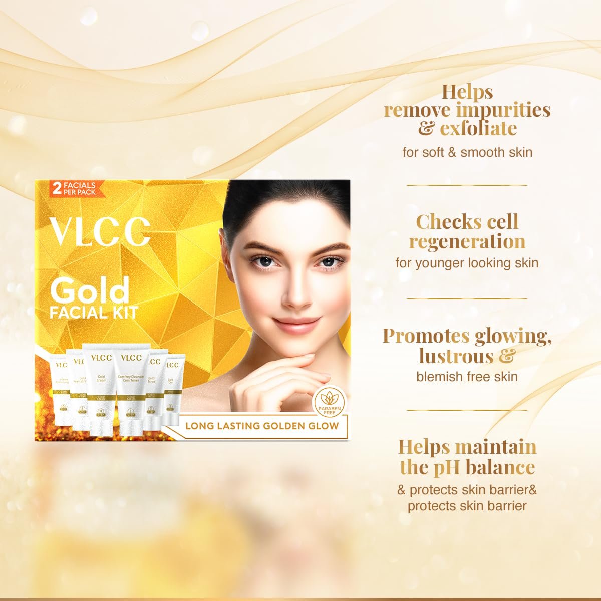 VLCC Gold Facial Kit, Bright & Glowing Skin - 60g | Pamper your Skin for a Luminous Glow | Parlour Glow with 24K Gold Bhasma, Rose Extracts, Turmeric & Aloe Vera. thumbnail