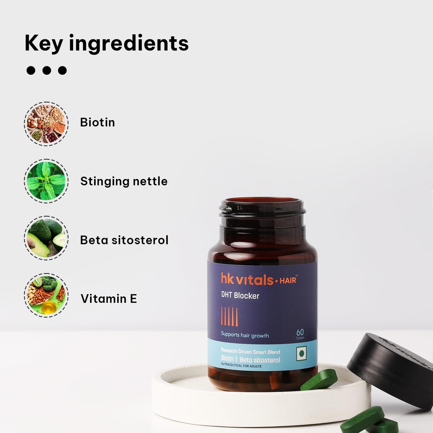 hk vitals DHT Blocker with Biotin, 60 Tablets Stinging Nettle and Soya Protein | Helps Reduce Hair Fall, Stimulates Hair Growth thumbnail