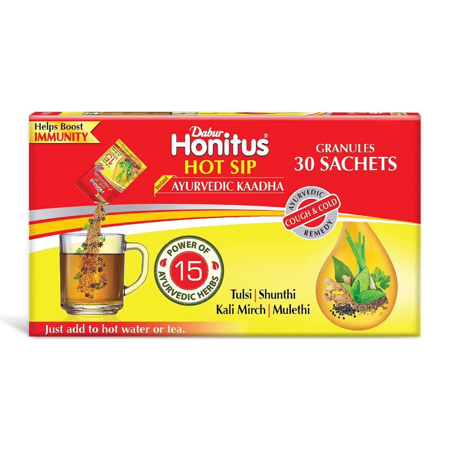 Dabur Honitus Hot Sip: 100% Ayurvedic Kadha | Provides Instant Relief from Cough and Cold (4gm*Pack of 30 Sachets) thumbnail