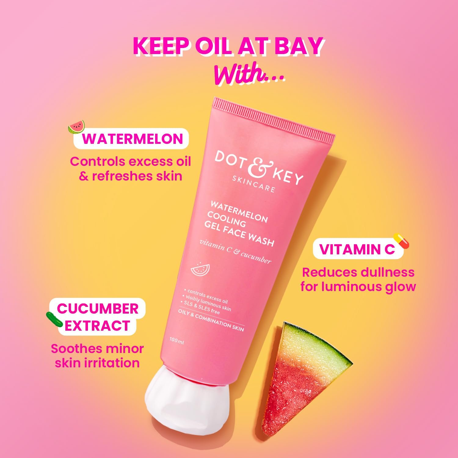 Dot & Key Watermelon Cooling Gel Face Wash With Vitamin C & Cucumber | Face Wash For Glowing Skin|Oil Free |Removes Excess Oil & Dirt | 100ml thumbnail