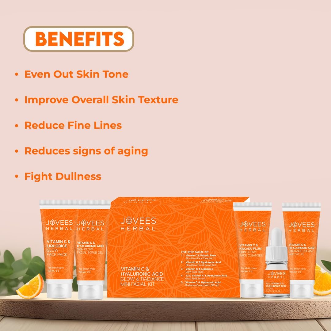 JOVEES SPF 45 All Herbal Vitamin C & Hyaluronic Acid Glow & Radiance Mini Facial Kit For Brighter & Glowing Skin | Kit For Improves Uneven Skin Tone, Fines Lines & Dullness 53g (Multiple use thumbnail