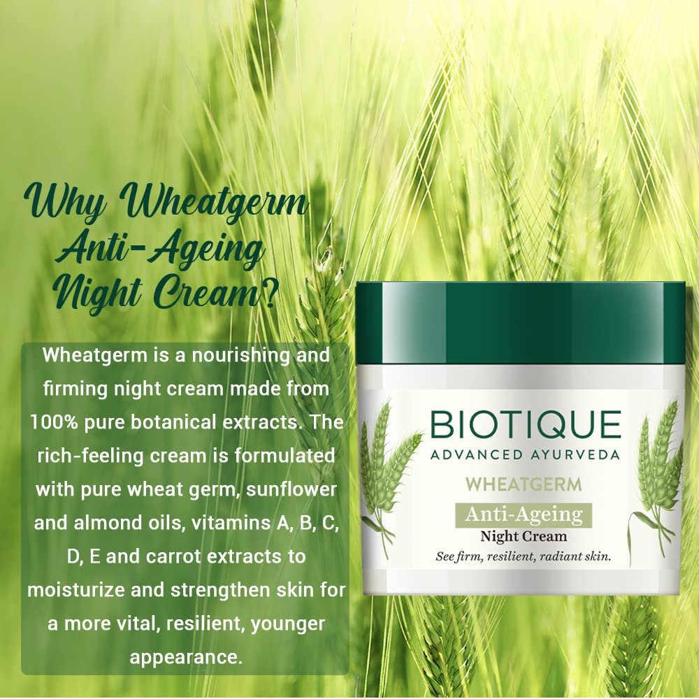 Biotique Wheat Germ Anti- Ageing Night Cream | Reduces Fine Lines | Lightens dark Spots | 100% Botanical Extracts | Suitable for All Skin Types | 50g thumbnail