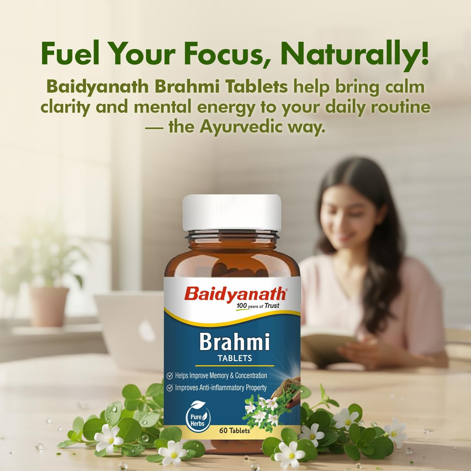 Baidyanath Ayurved Brahmi Tablets - 60 Tab | Helps To Handle Life’s Daily Stress | Promotes Mind Relaxation| (Pack of 1) thumbnail