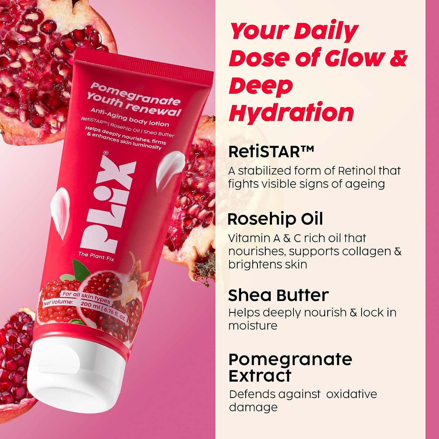 PLIX – THE PLANT FIX | Pomegranate Youth Renewal Anti-Aging Body Lotion | Reduces Fine Lines, Firms & Hydrates Skin | RetiSTAR™, Pomegranate & Shea Butter | Lightweight Daily Care thumbnail
