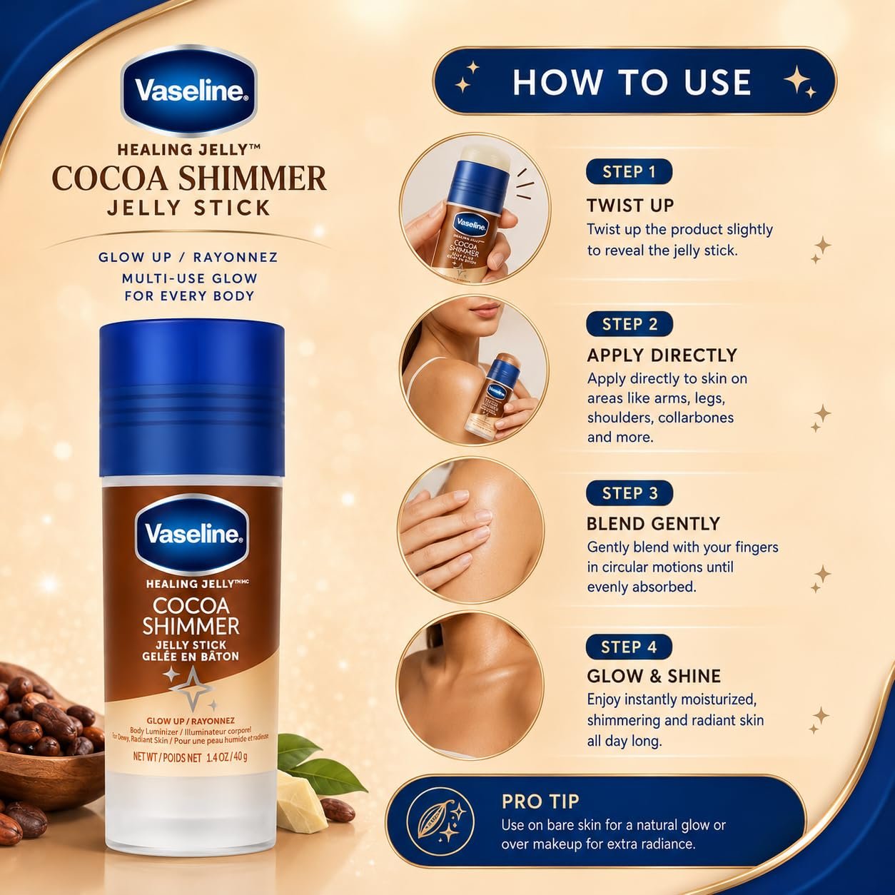 Vaseline Cocoa Shimmer Jelly Stick 40g | Hydrating Body Glow Balm for Radiant Shimmering Skin | Portable Moisture Stick thumbnail