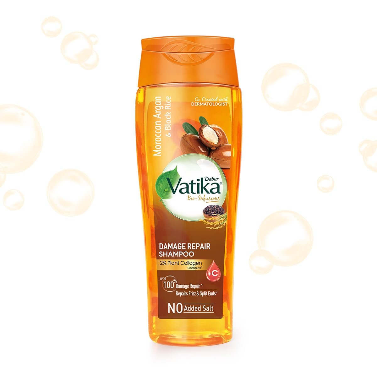 Dabur Vatika Bio-Infusions Damage Repair Shampoo | Moroccan Argan & Black Rice | 2% Plant Collagen + Vitamin C | 100% Damage Repair  | For Dry & Damaged Hair