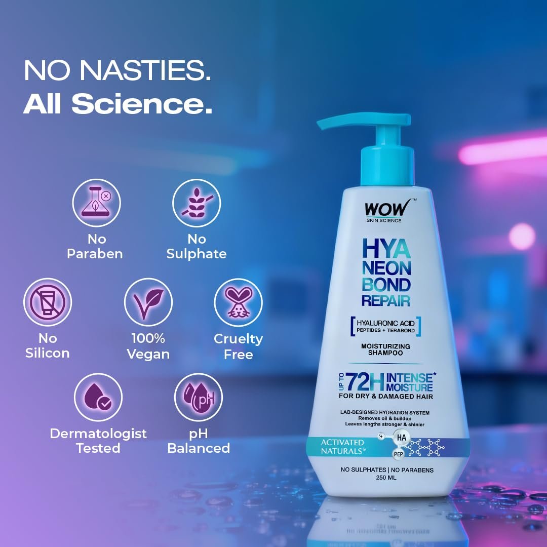 WOW Skin Science HyaNeon Bond Repair Hyaluronic Shampoo for Dry & Damaged Hair | Moisturizing, Sulphate-Free Formula + Peptides & TeraBond™ Technology 250ml thumbnail