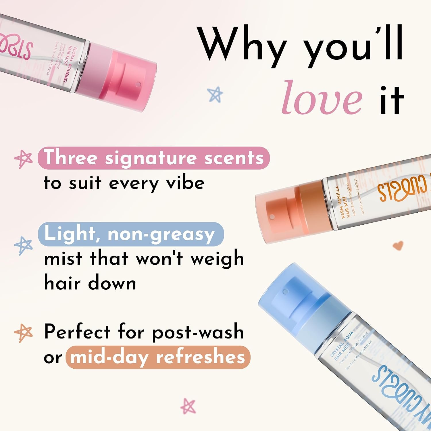 Fix My Curls Hair Mist Trio | Warm Vanilla, Crystal Aqua, Floral Bouquet | 100ml Each thumbnail