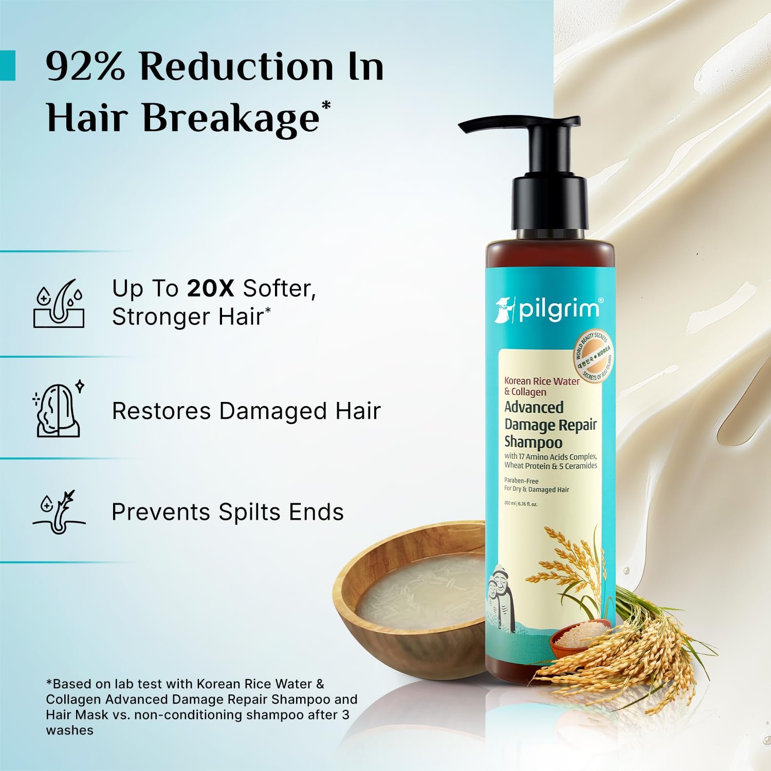 Pilgrim Korean Rice Water & Collagen Advanced Damage Repair Shampoo - 200ml 92% Less Breakage, Up to 20X Softer Hair, with 17 Amino Acids, Wheat Protein & 5 Ceramides thumbnail