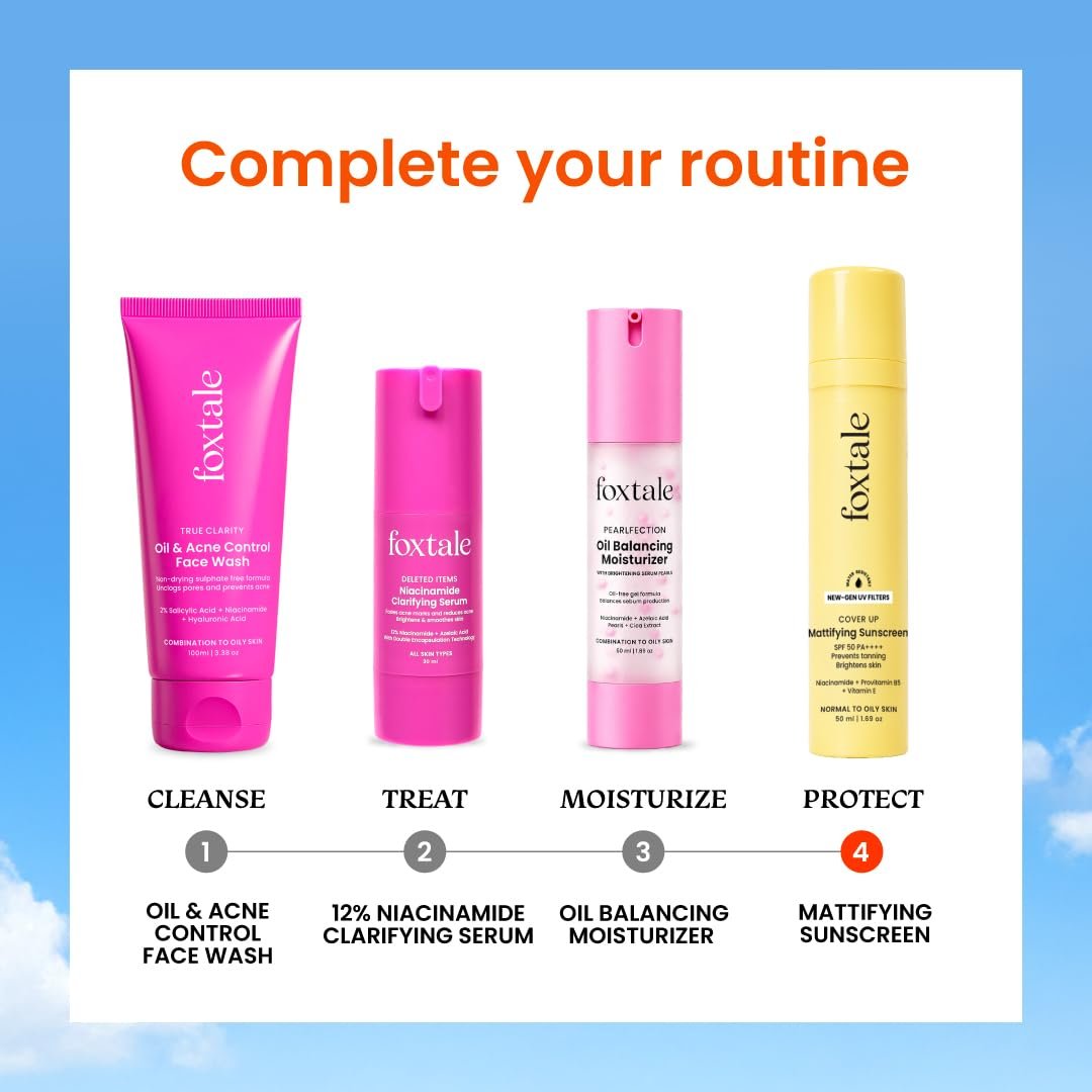 Foxtale SPF 50 PA++++Gel-Cream Sunscreen for Oily Skin with Niacinamide | Oil free, UVA UVB Protection, Prevents Tan | Lightweight, Pore-minimising, No White Cast | All Skin Type - 50ml thumbnail