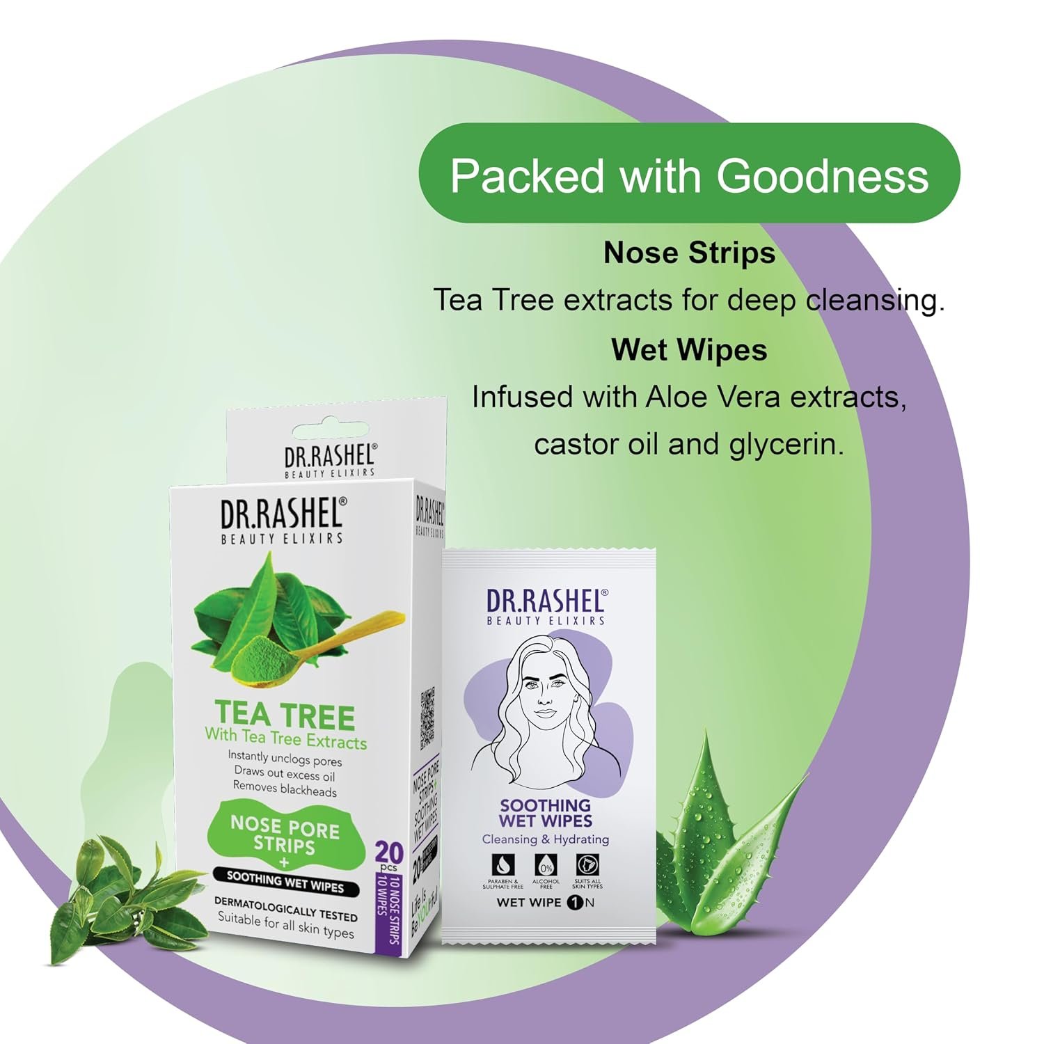 DR.RASHEL Tea Tree Nose Strips | With Tea Tree Oil | Deep Cleansing | Blackhead Removal | Oil Control | 10 Strips + 10 Wipes thumbnail