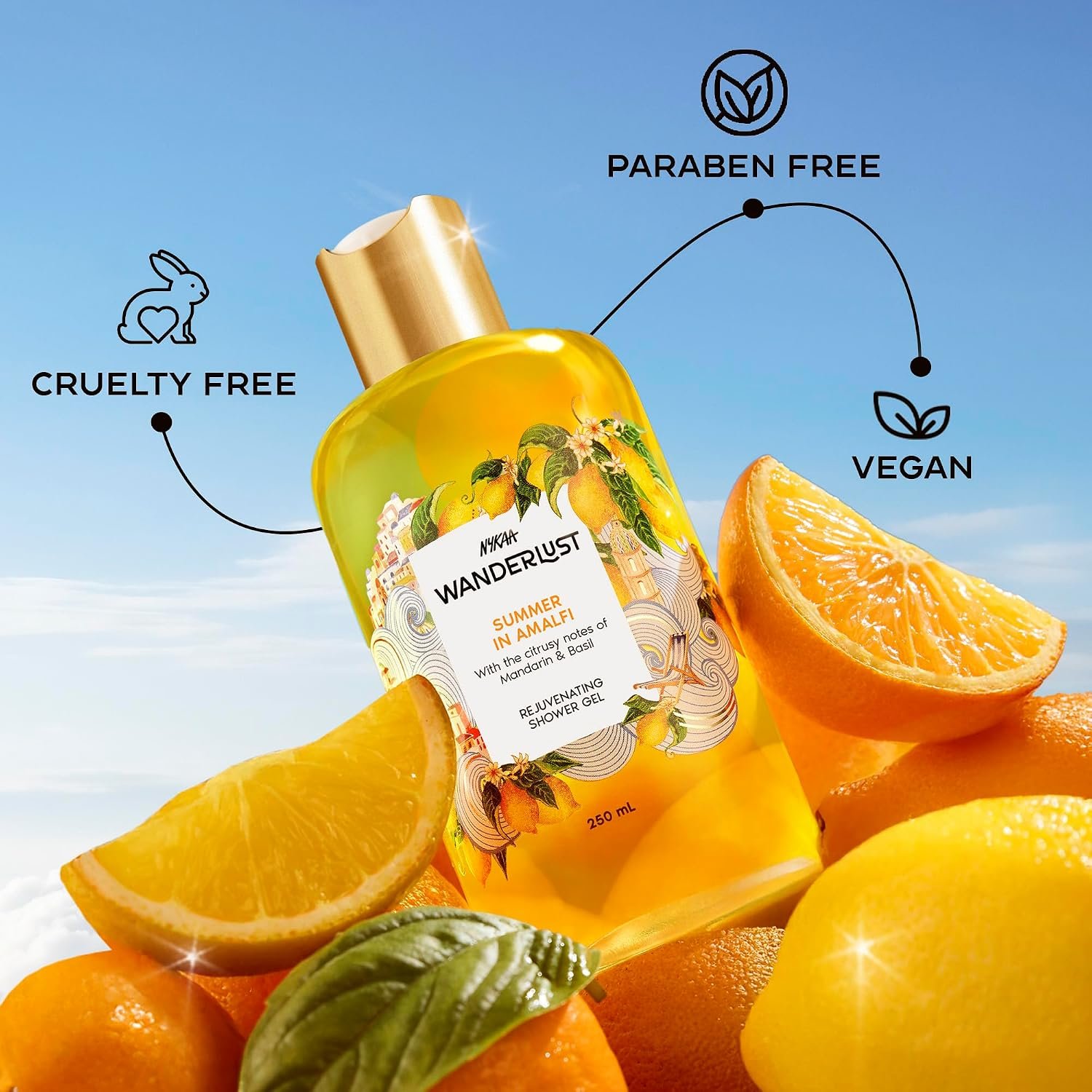 Nykaa Wanderlust Summer in Amalfi Fresh Citrus Perfume Body Wash, Mandarin & Basil, Repairs Skin Barrier, Vitamin E & Glycerine, Hydrating Shower Gel for Smooth & Soft Skin,| 250ml thumbnail