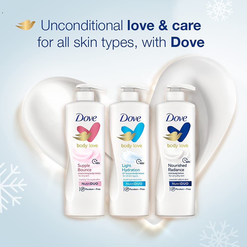 Dove Body Love Nourished Radiance Body Lotion For Very Dry Skin 48hrs Moisturisation Paraben Free with Plant Based moisturiser Soft Radiant Skin 400ml thumbnail