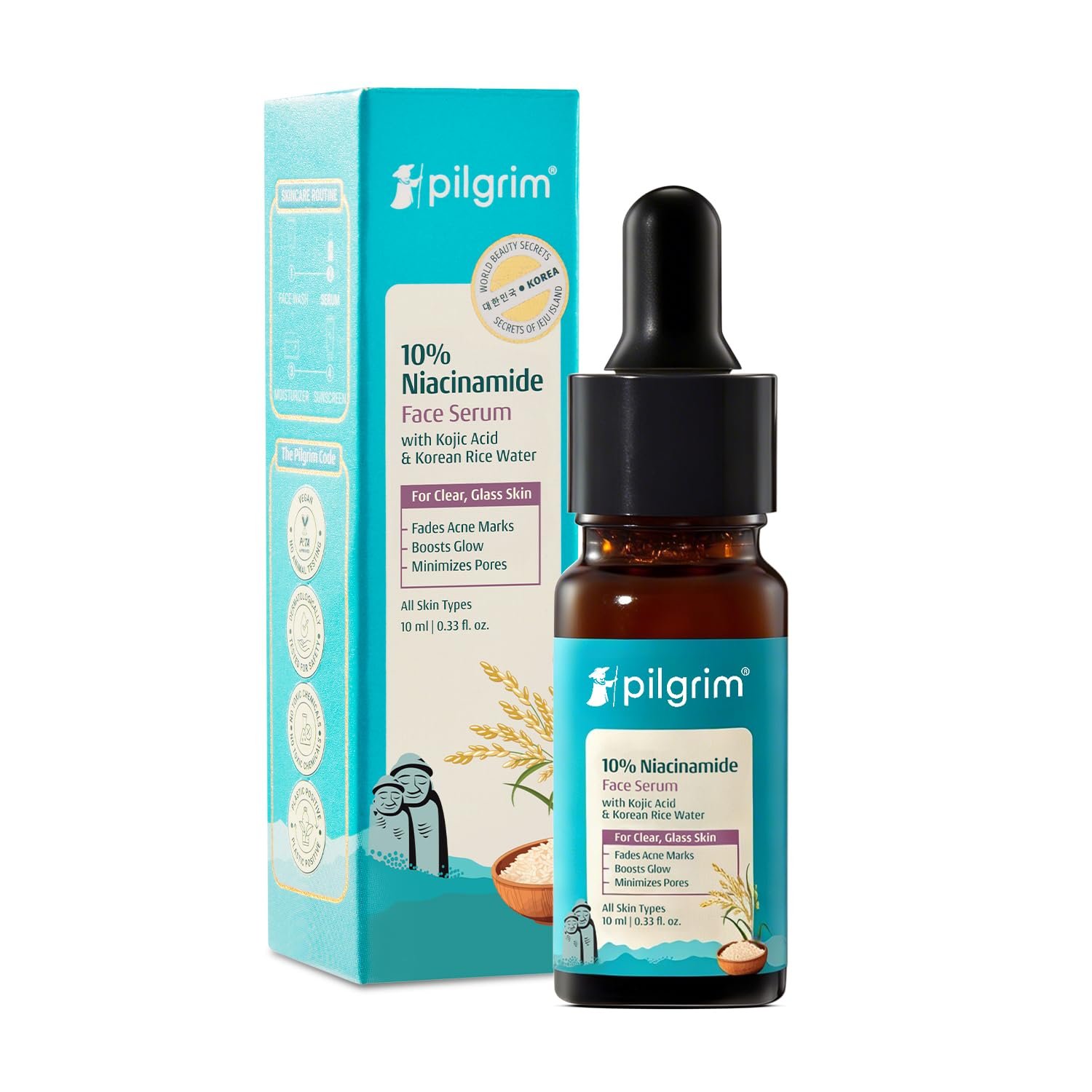 Pilgrim 10% Niacinamide Face Serum for Acne Marks & Glass Skin Glow - 10ml with Kojic Acid & Korean Rice Water, Fades Dark Spots, Boosts Glow, Minimizes Pores, Controls Excess Oil, Sensitive