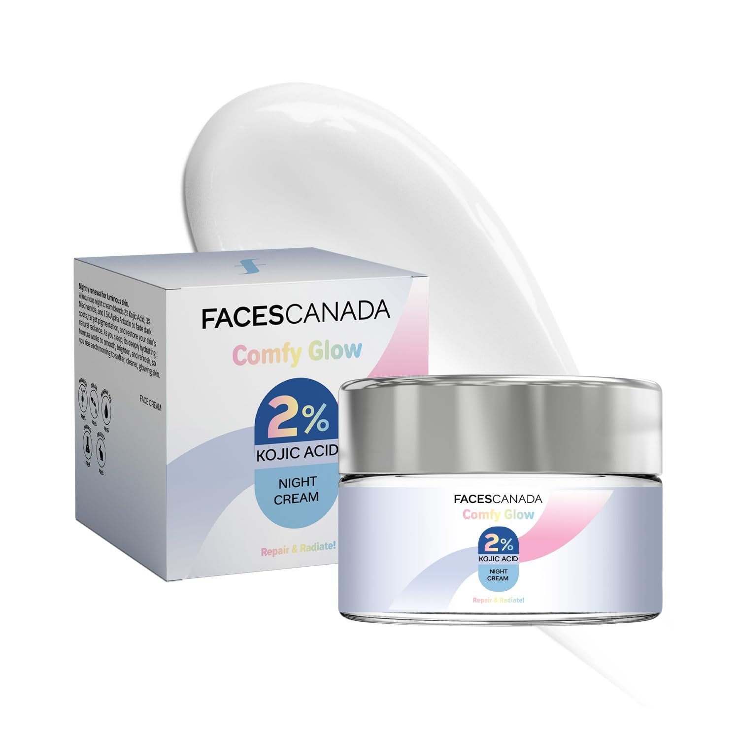 FACES CANADA 2% Kojic Acid Comfy Glow Night Cream with Niacinamide & Alpha Arbutin for Skin Brightening (25 gm) | Face Cream I