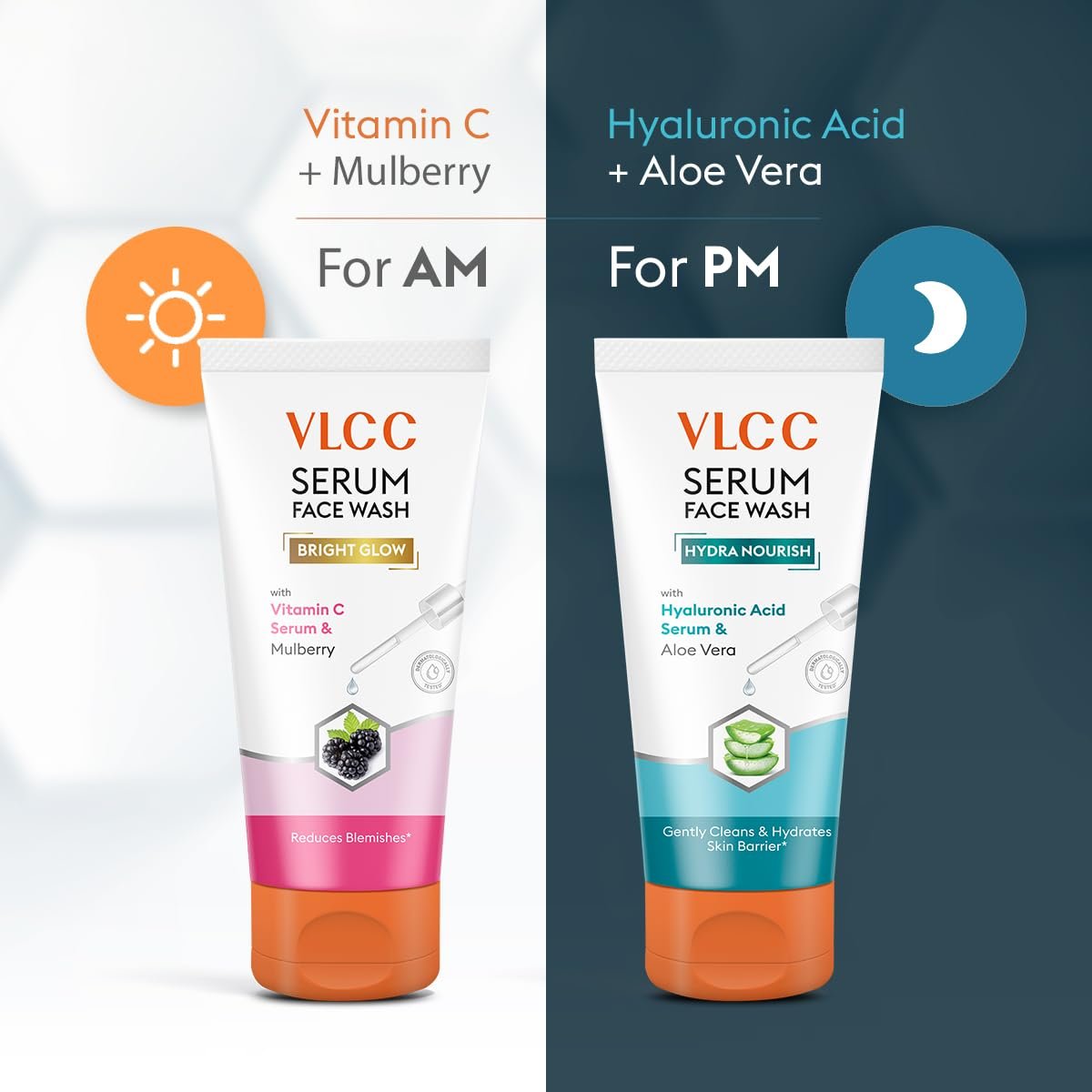 VLCC Vitamin C & Mulberry Serum Facewash - 150 ml to Reduce Blemishes & Brighten for AM | with Free Hyaluronic Acid & Aloe Vera Serum Facewash - 150 ml to Strengthen Skin Barrier for PM (B1G thumbnail