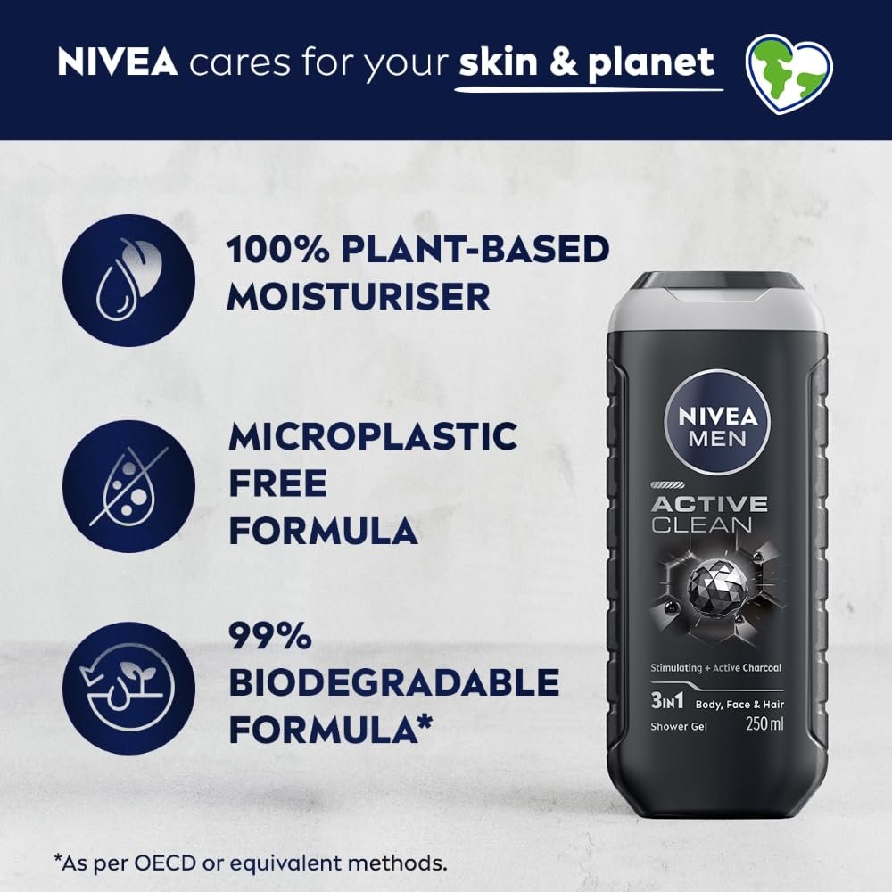 NIVEA Men Body Wash, Active Clean with Active Charcoal, Shower Gel for Body, Face & Hair, 250 ml thumbnail