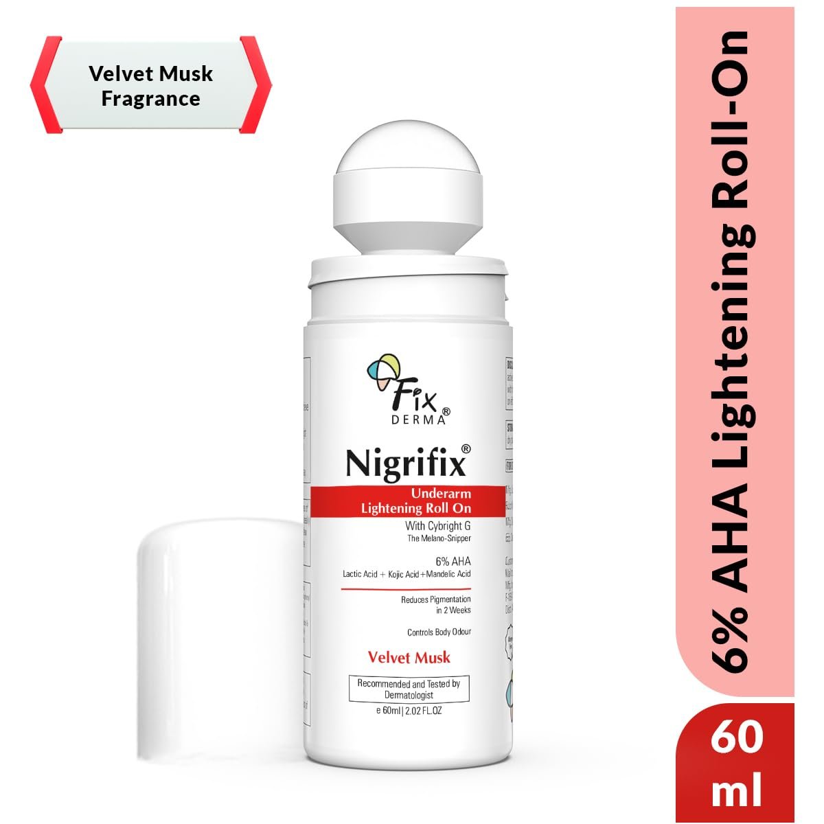 Fixderma Nigrifix Underarm Velvet Musk Roll on With 6% AHA, Lactic Acid & 1% Mandelic Acid & Kojic Acid | Brightens Skin & Exfoliates Underarm | For Sensitive Skin - 60ml thumbnail