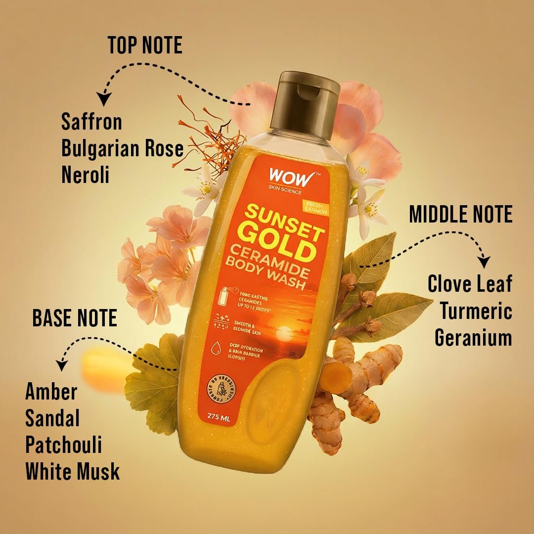 WOW Skin Science Sunset Gold� Ceramide Body Wash | Ceramide for Deep Hydration & Skin Barrier Support | Ubtan with Turmeric & Saffron for Glow | 12-Hour Fragrance with Cerabloom� | 275 ml thumbnail
