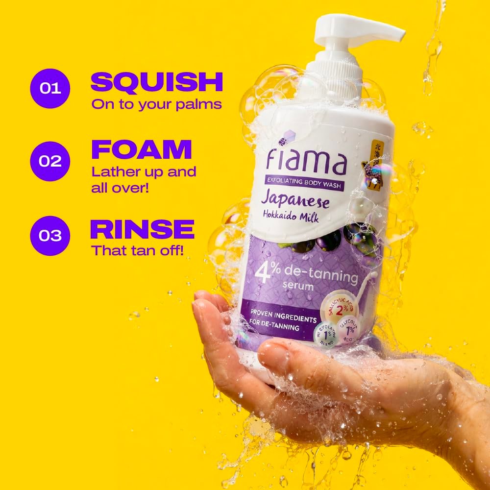 Fiama 4% Detan Serum Exfoliating Body Wash 250ml, 2% Salicylic Acid, 1% Glycolic Acid, 1% Exfoliating Tan Removal Shower Gel, Gently removes dead skin | Exotic Japanese Hokkaido Milk | thumbnail