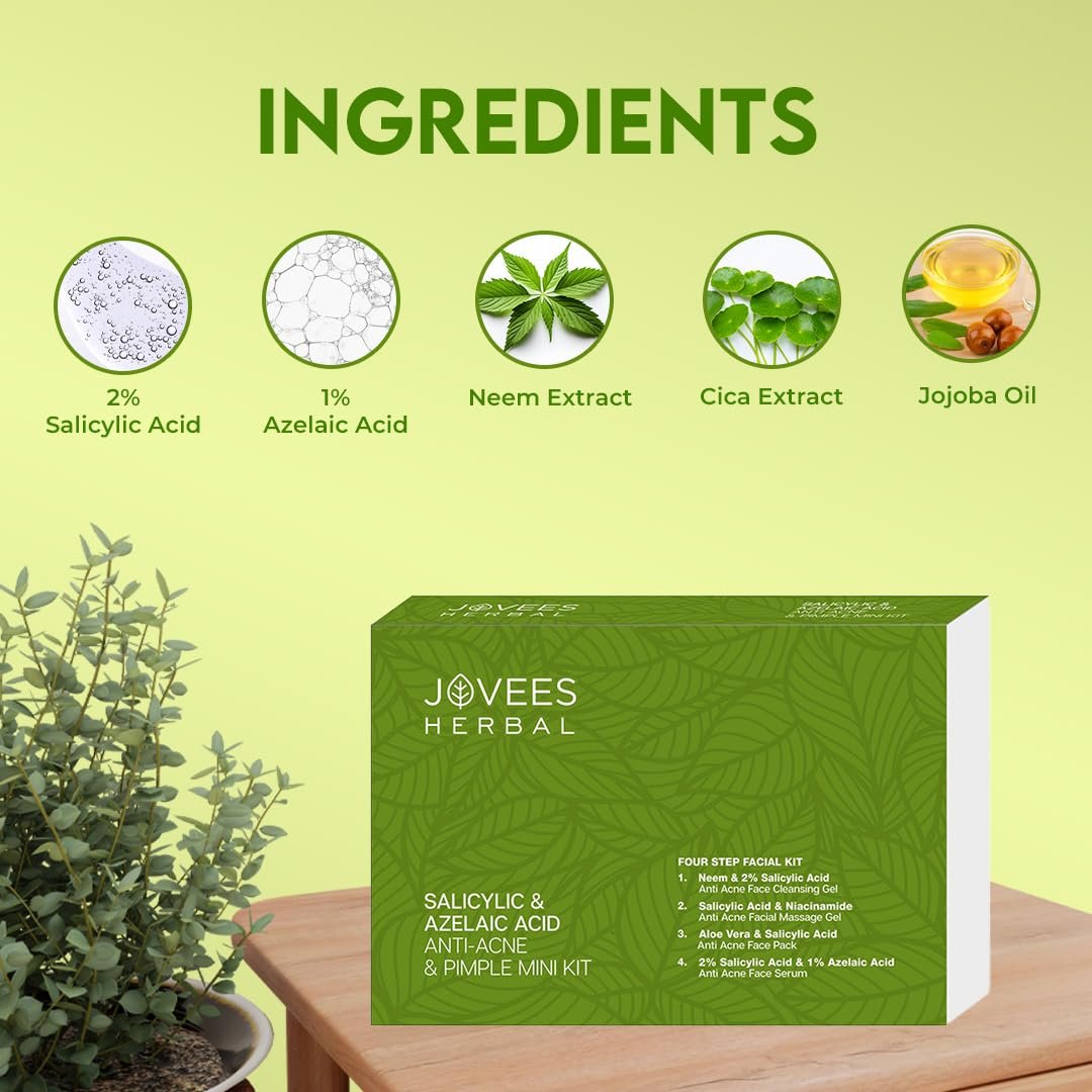 Jovees Herbal Salicylic & Azelaic Acid Anti-Acne & Pimple Mini Facial Kit For Oily & Acne Prone Skin | Easy 4 Step Facial Kit | For Multiple Use | For Men & Women 215g thumbnail