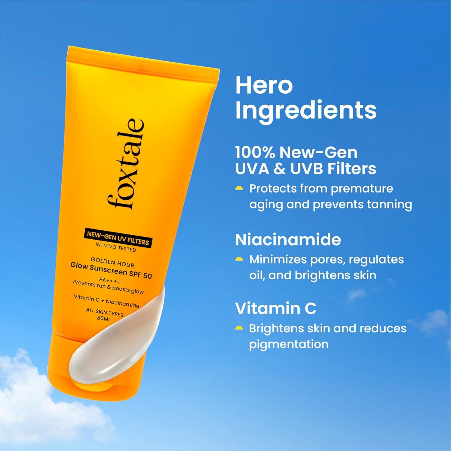 Foxtale Glow Sunscreen SPF 50 PA++++ with Vitamin C & Niacinamide, in-Vivo Tested, Made with 100% New-Gen Filters, Lightweight, Non-Greasy, No White Cast |for Men & Women | 80 Ml thumbnail