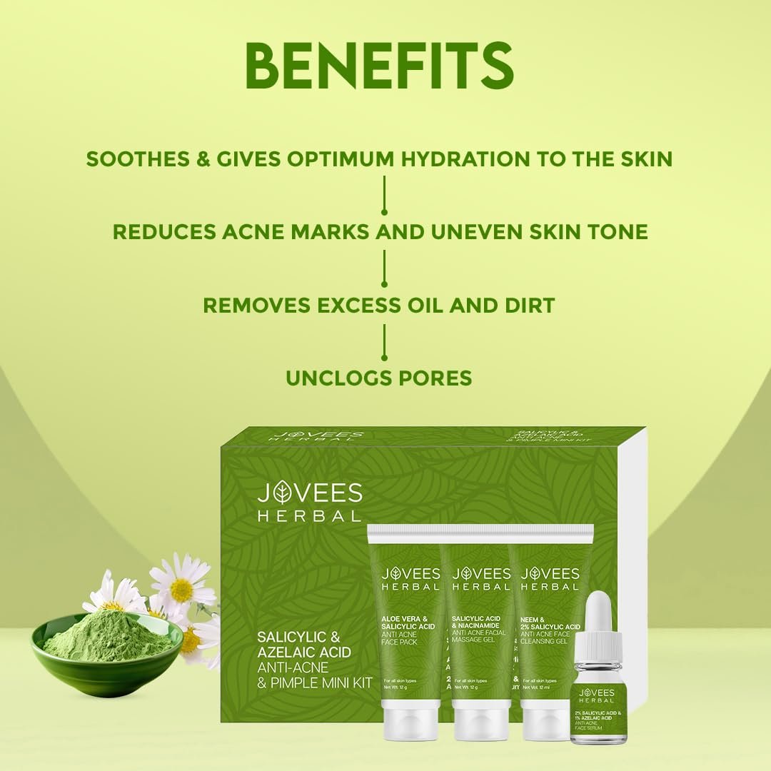 Jovees Herbal Salicylic & Azelaic Acid Anti-Acne & Pimple Mini Facial Kit For Oily & Acne Prone Skin | Easy 4 Step Facial Kit | For Multiple Use | For Men & Women 215g thumbnail