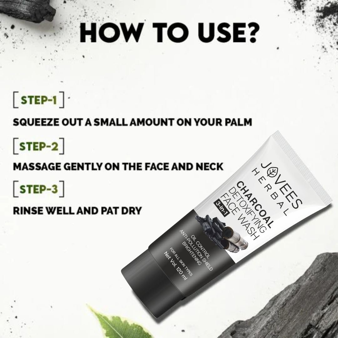 Jovees Herbal Activated Charcoal Detoxifying Face Wash For Anti Pollution, Deep Pore Cleansing, Oil Control, Removes Dirt & Impurities | Suitable for Acne Prone Skin 120 ML thumbnail
