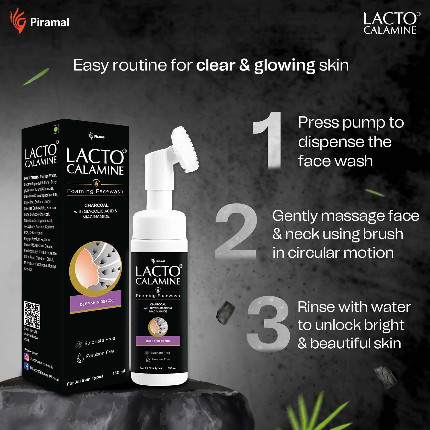 Lacto Calamine Charcoal Foaming Face wash| Deep skin Detox| Cleanse skin impurities| With Built-in foaming Brush|  150 ml thumbnail