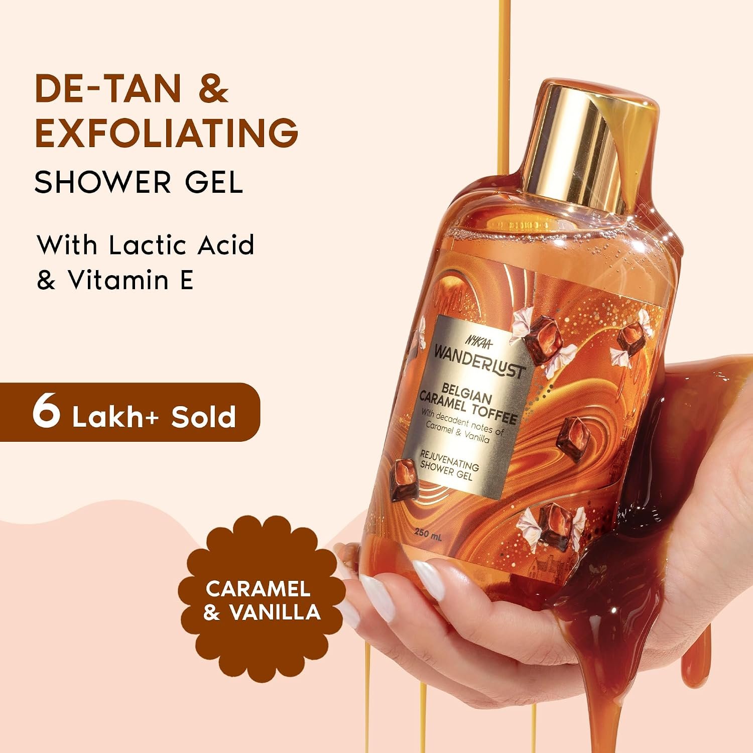Nykaa Wanderlust Belgian Caramel Toffee Exfoliating Perfume Body Wash, Lactic Acid & Vitamin E, Caramel & Vanilla, Hydrating Shower Gel for Smooth & Soft Skin, Long-lasting Fragrance, No Par thumbnail