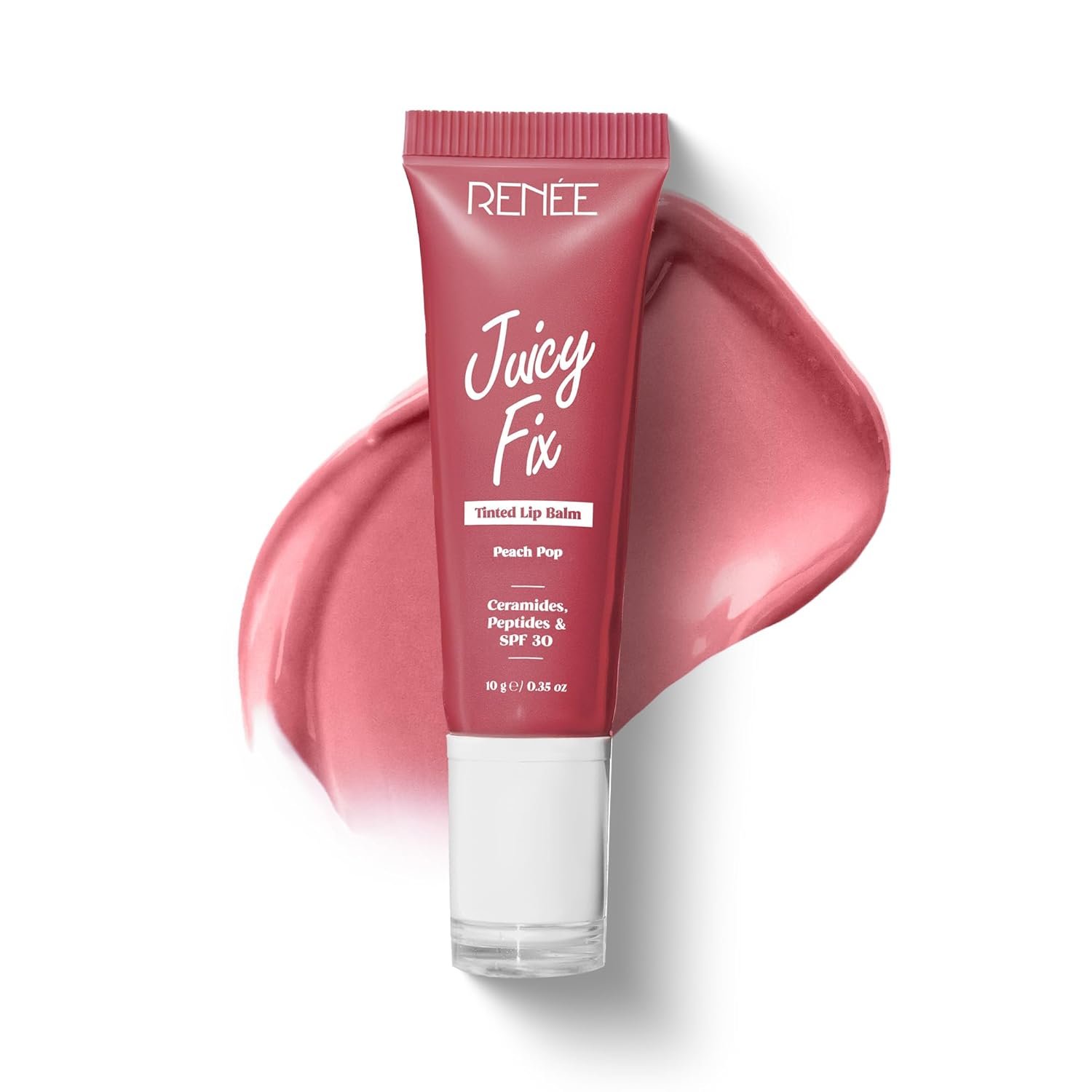 RENEE Juicy Fix Tinted Lip Balm- Peach Pop | Shiny, Glossy Finish | Protects Lips With SPF 30 | Repairs & Nourishes Dry, Flaky Lips | With Peptides, Ceramides & Hyaluronic Acid | 10 g