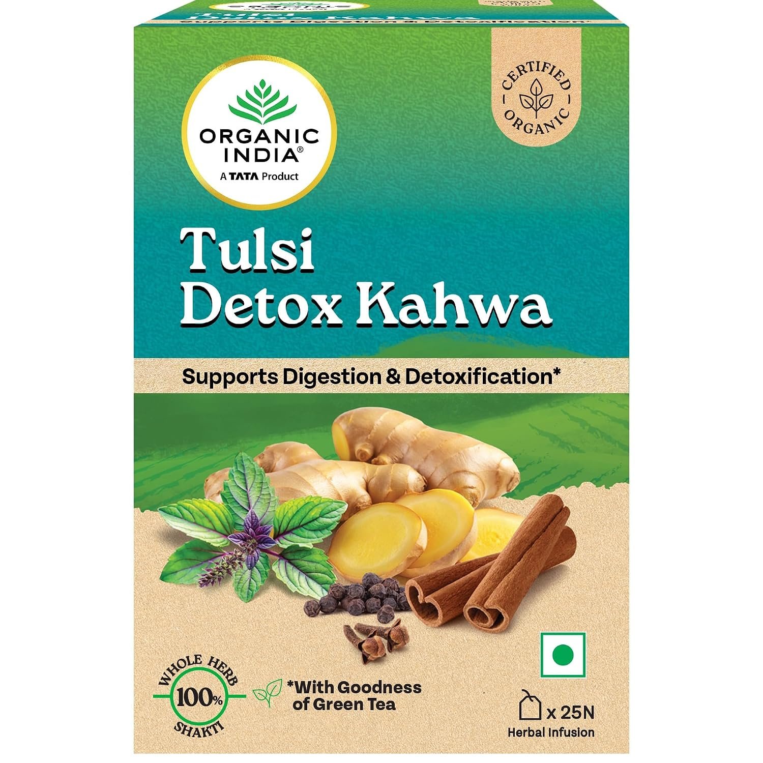 TATA Product - Organic India Tulsi Detox Kahwa - 25 Tea Bags, Helps Improve Digestion & Detoxification, Rich in Antioxidants, Made with Tulsi, Ginger, Clove, and Green Tea