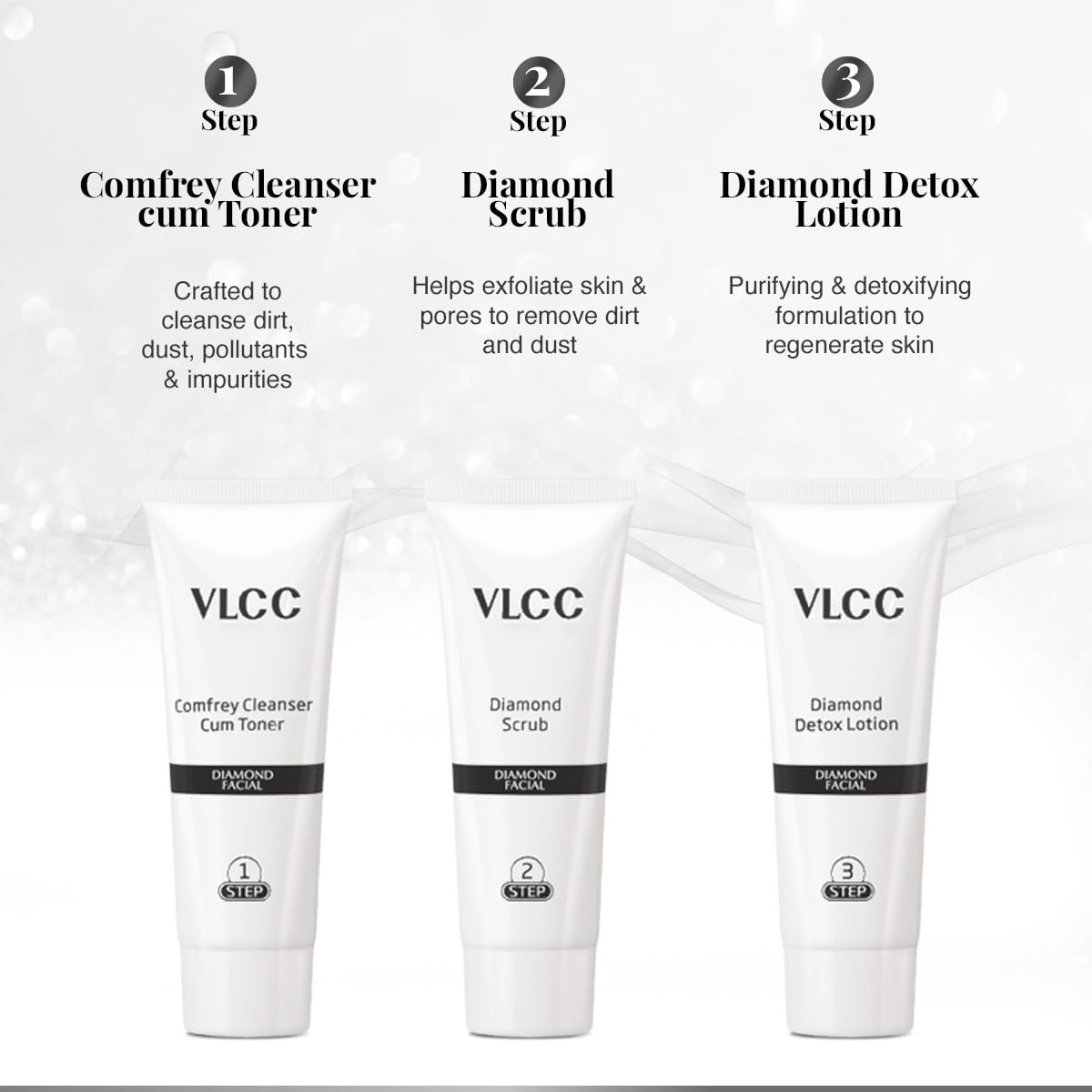 VLCC Diamond Facial Kit - 60g | Purifying with Parlour Glow | Improves Elasticity, Brightens and Helps Lighten Patchy, Damaged Skin thumbnail