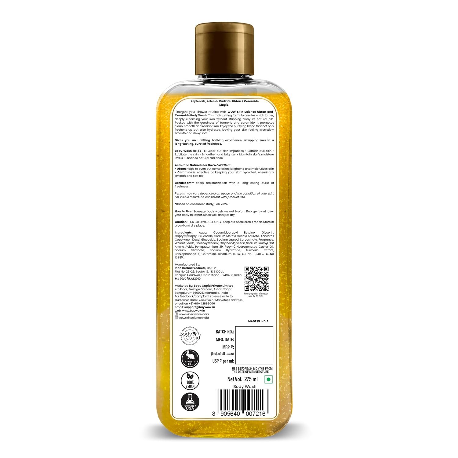 WOW Skin Science Ubtan & Ceramide Body Wash | Radiance Boosting Cleanser | Revives Dull Skin | Exfoliates and Softens | Conditions and Tones Skin | Long lasting Fragrance | 275ml thumbnail